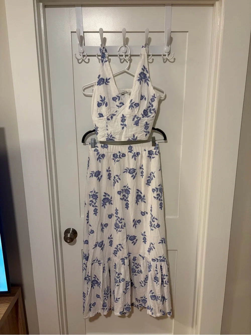 Abercrombie & Fitch White Maxi Skirt and Matching Top with Blue Floral Print